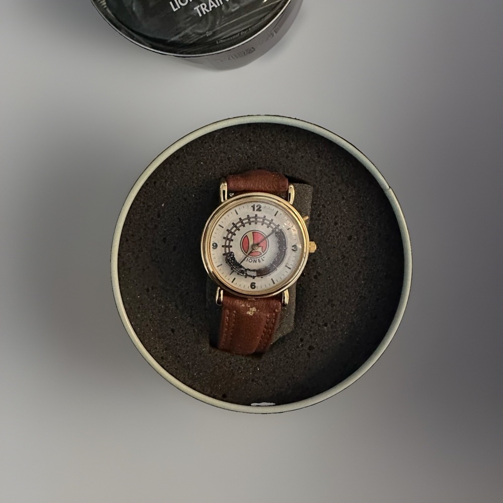 Lionel Train Watch Animated Sec & Sound Brown Leather Band Gold Case COA & Tin